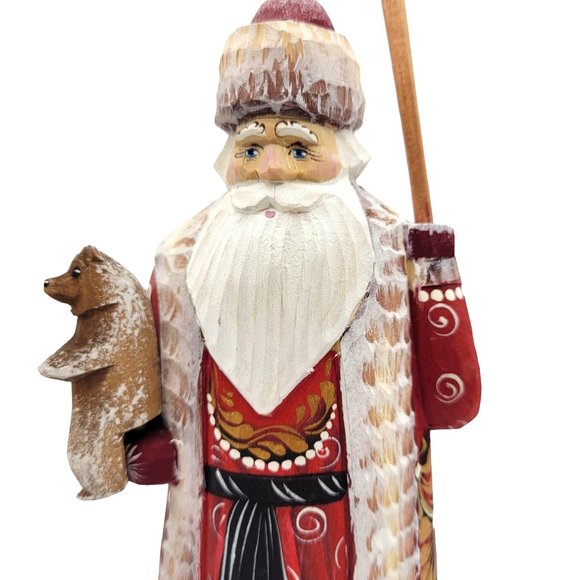 Wood Craved Russian Santa with Staff 7'' Signed Hand Craved Painted - Picture 7 of 10
